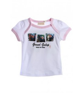 T-shirt sérigraphié GRAND GALOP fille blanc liseré rose