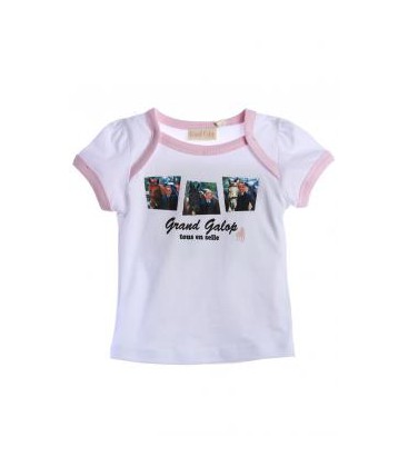 T-shirt sérigraphié GRAND GALOP fille blanc liseré rose